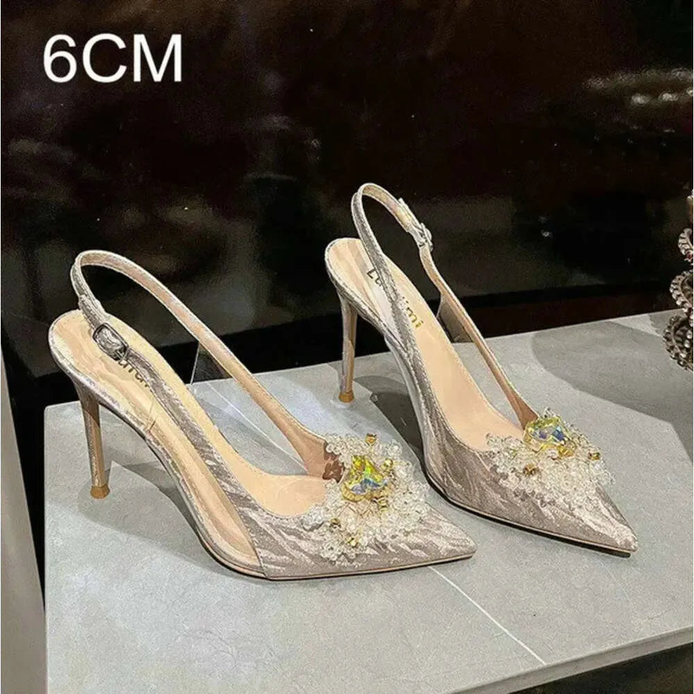 New Fine Heel Pointy Diamond Pumps Pearl Wedding Shoes Sparkles Baotou Glass Glue High-Heeled Sandals