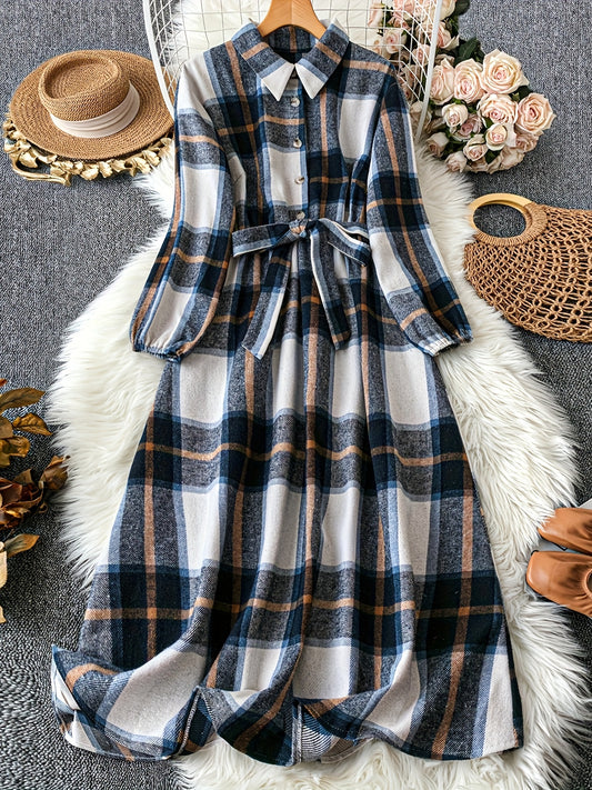 Stylish Plus Size Plaid Pattern Dress - Elegant Long Sleeve Dresses for Women - Fall Fashion, Button Front, Collared, Comfortable, Chic, and Flattering Clothing for Curvy Ladies