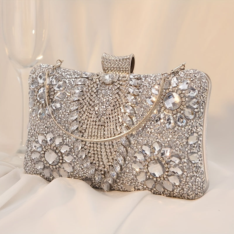 Vintage Ladies Evening Clutch With Rhinestones, PU Cocktail Handbag For Party Prom, Optional Chain Shoulder Strap