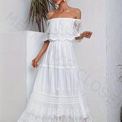 Romantic Off-Shoulder Lace Ruffle Maxi Dress - Flirty Solid Color, Layered Short Sleeves, Perfect for Spring & Summer Vacations - Womens Fashion Clothing