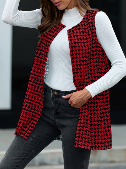 Elegant Houndstooth Print Vest - Sleeveless, Open Front, Chic Spring and Fall Essential for Women's Clothing