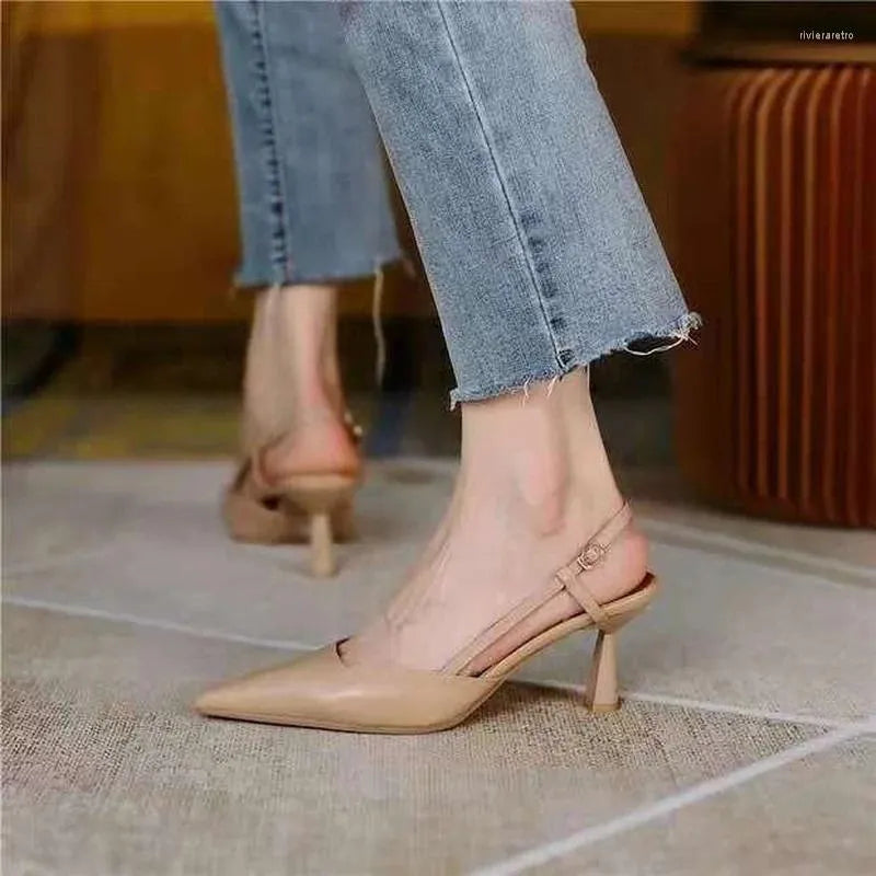 Dress Shoes  Summer Fashion Ladies Pointed Toe Sandals Retro Apricot Baotou Stiletto Buckle Strap High Heels