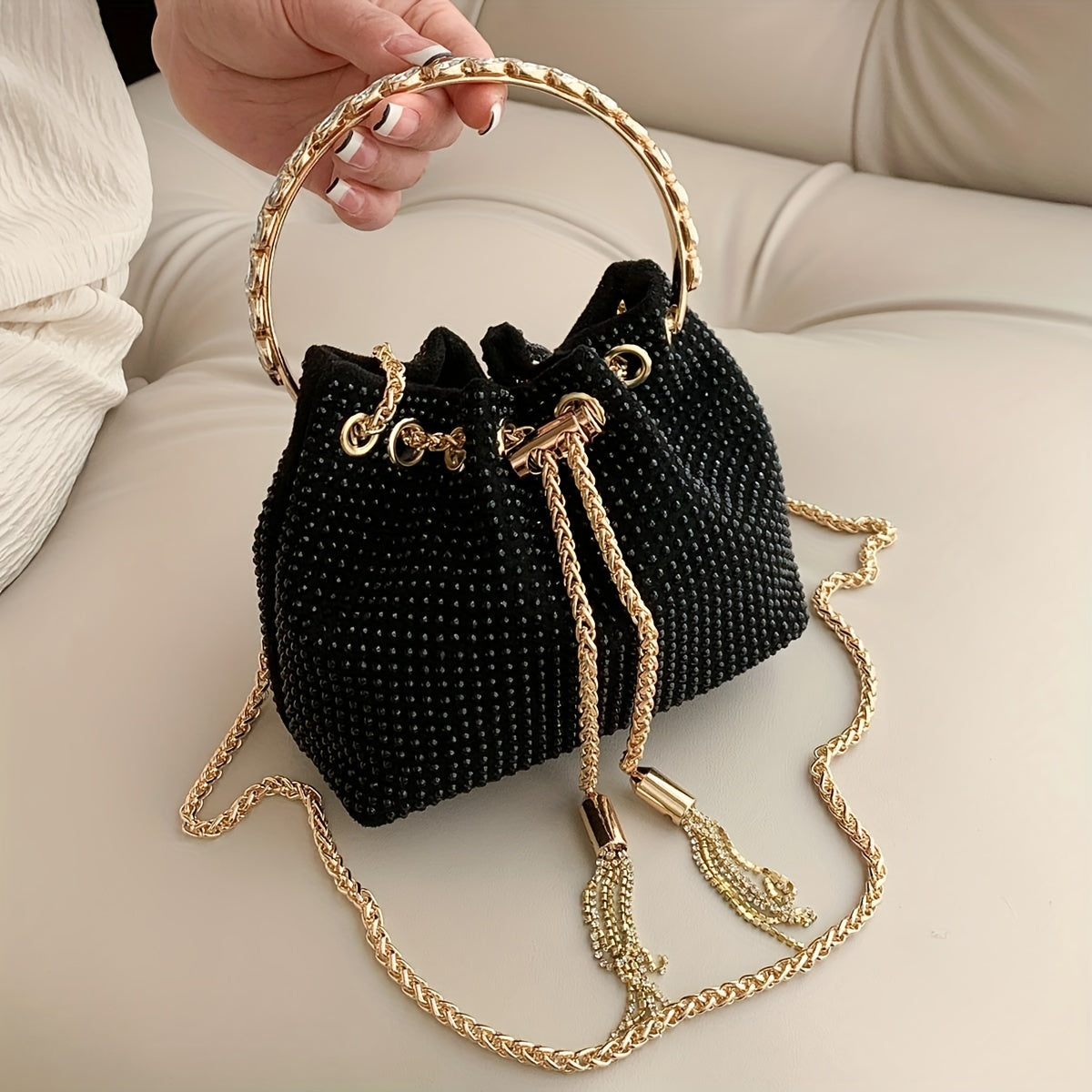 All Over Bright Rhinestone Bucket Bag, Drawstring Small Banquet Satchel Bag, Women's Luxury Dinner Shoulder Chain Bag And For Music Festival