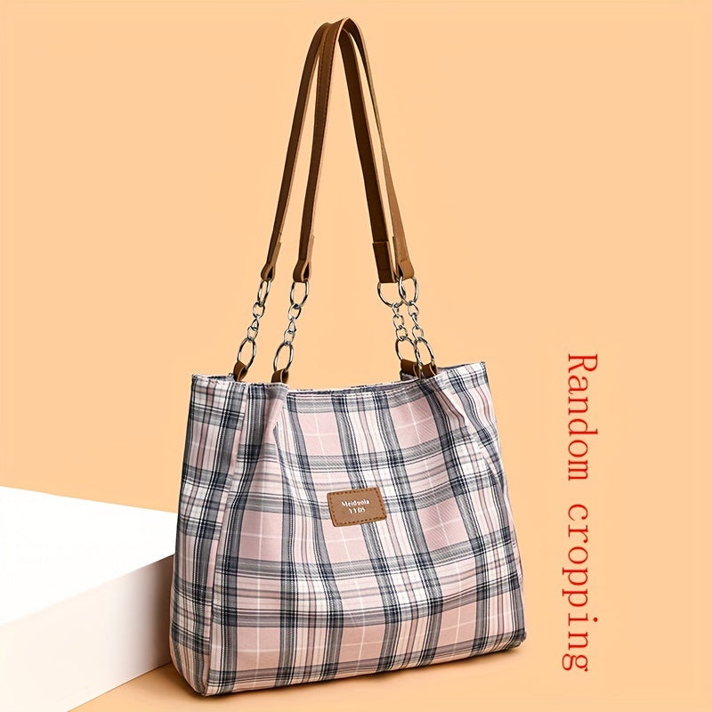 Large Capacity Chic Plaid Tote Bag - Versatile Shoulder Carryall, Perfect for Commuting & School, Stylish & Durable Everyday Accessory