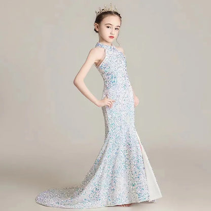 Flower Girls Dresses Sheer Hang Neck Hand Made Flowers Kids Formal Wear Sequined Girl Mermaid Dress For Wedding 403