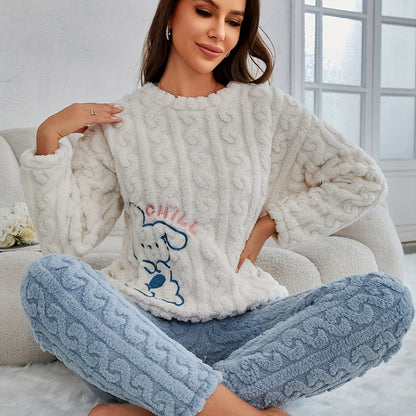 Women's Winter Cute Rabbit Embroidered Pajama Set - Cozy Fleece Lined Long Sleeve Crew Neck Top and Pants Lounge Wear, 100% Polyester Knit Fabric, Animal Pattern Two-Piece Sleepwear