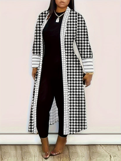 All-Season Chic Geometric Print Cardigan - Elegant, Durable Knit with Easy-Care Elasticity