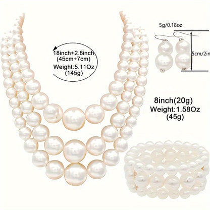 3-Piece Bohemian Faux Pearl Jewelry Set - Exquisite Multi-Layer Design with Stunning Necklace, Dainty Bracelet, and Elegant Earrings - Luxurious, Vintage-Inspired, and Perfect as a Festive Gift Set