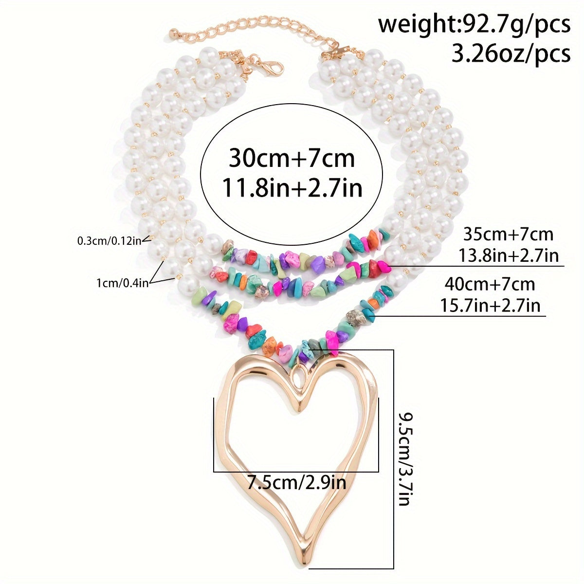 1pc Multilayer Exaggerated Holiday Style Imitation Pearl Peach Heart Charm Necklace Colorful Pine Stone CCB Necklace Charm Multilayer Necklace Gift