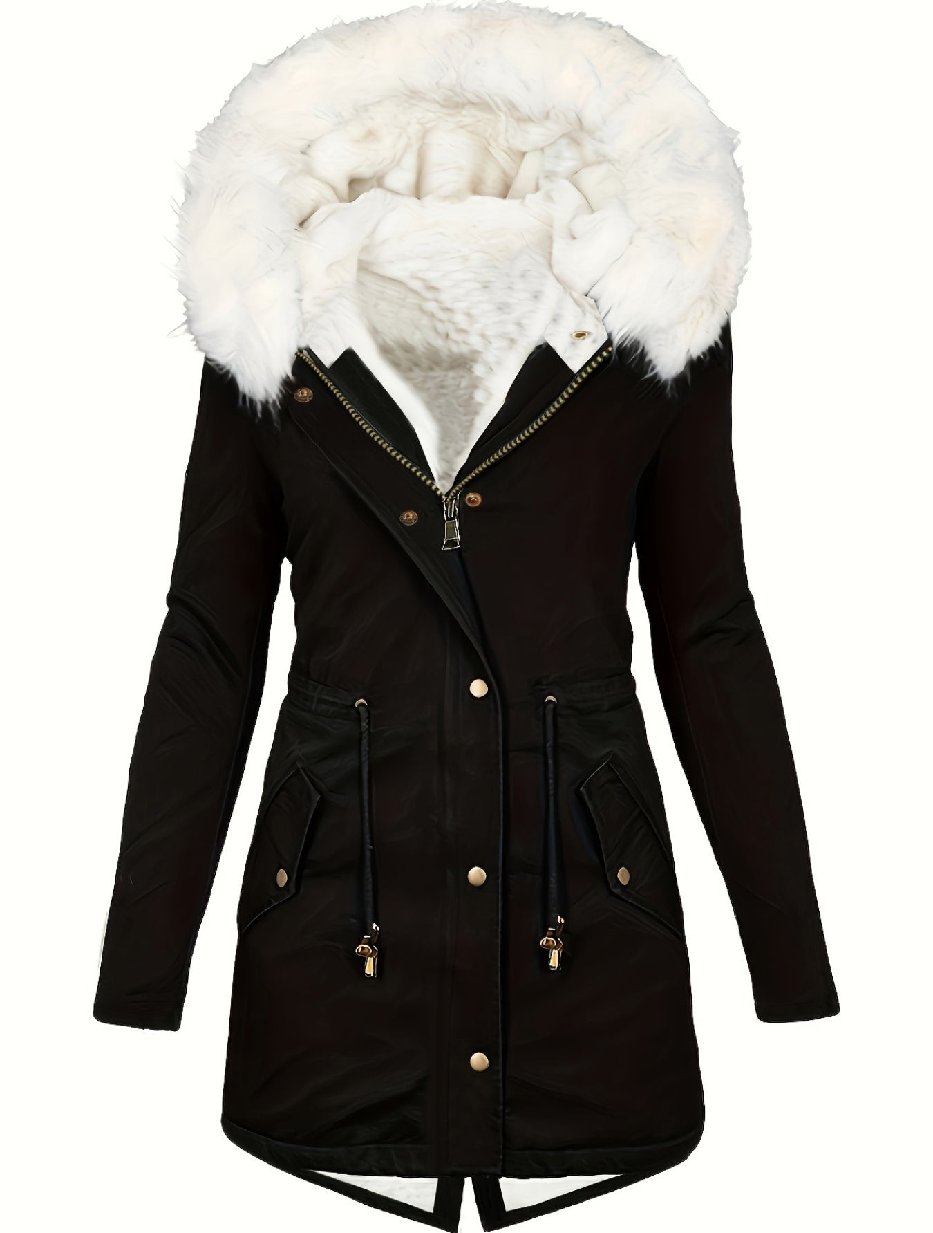 Womens Chic Thermal Parka Coat with Faux Fur Hood - Zip & Button Closure, Front Pockets, Ideal for Cold Weather