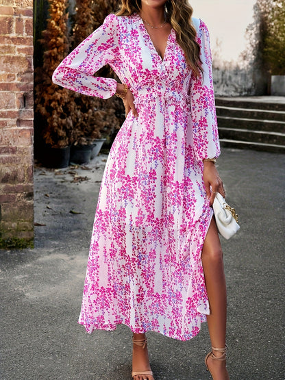 Spring-Fall Floral Midi Dress - Elegant Lantern Sleeves & Feminine Surplice Neckline - Versatile Casual Women’s Wear