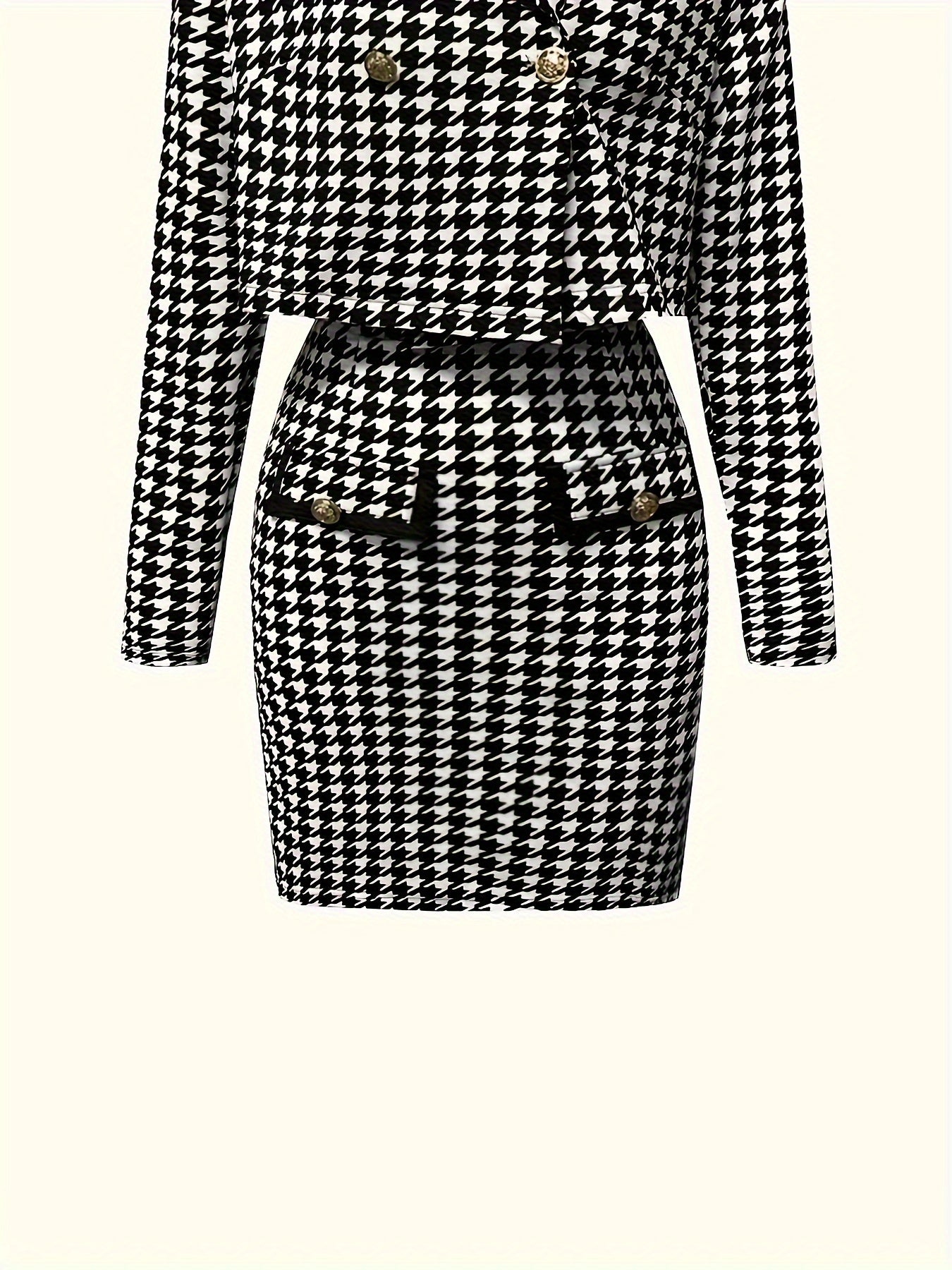 Y2K Houndstooth Two-Piece Outfit for Women - Chic Long Sleeve Open Front Coat & Stylish Slim Button-Detail Cami Dress - Versatile Fashion for Work or Play