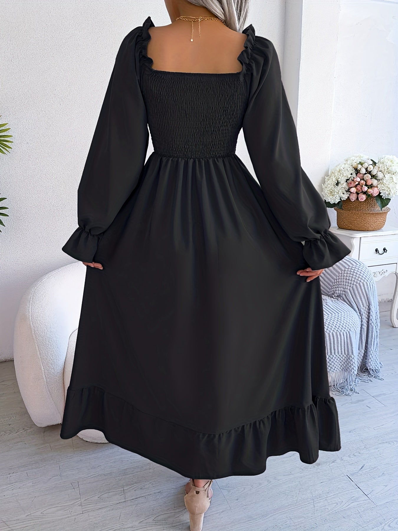 Bold Solid Squared Neck Lantern Sleeve Maxi Dress - Fashionable High Waist, Backless & Ruffled Hem - Alluring Casual Style for Women - Long, Flowing & Versatile