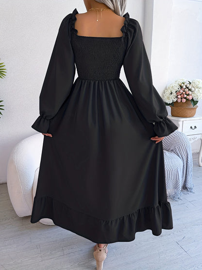 Bold Solid Squared Neck Lantern Sleeve Maxi Dress - Fashionable High Waist, Backless & Ruffled Hem - Alluring Casual Style for Women - Long, Flowing & Versatile