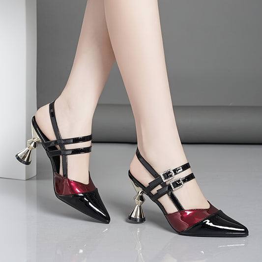 Womens Stylish Contrast Color High Heel Pumps - Fashion-Forward & Seductive Pointed Toe Dress Shoes with Adjustable Chic Buckle Strap