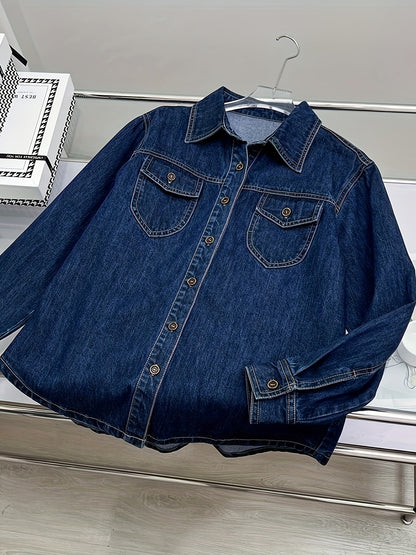 Dark Washed Blue Denim Shirt - Classic Single-Breasted Design, Timeless Plain Style, Elegant Lapel Collar, Comfortable Long Sleeve, Perfect for Casual Occasions - Womens Denim Jeans and Clothing Essential