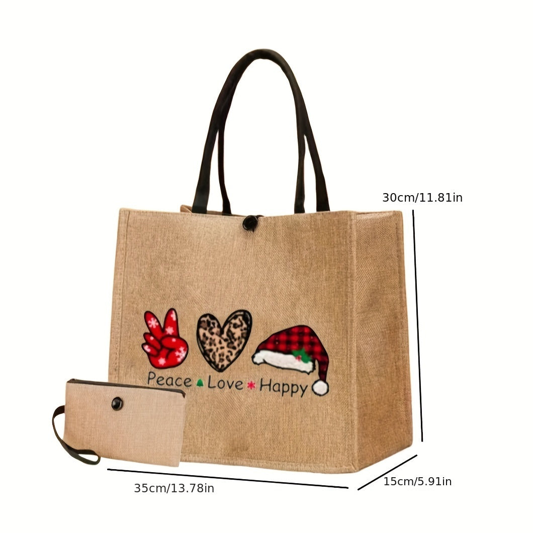 Merry Christmas Gift Bag Set, Fashion Cartoon Print Tote Bag, Large Capacity Shopping Bag With Coin Purse