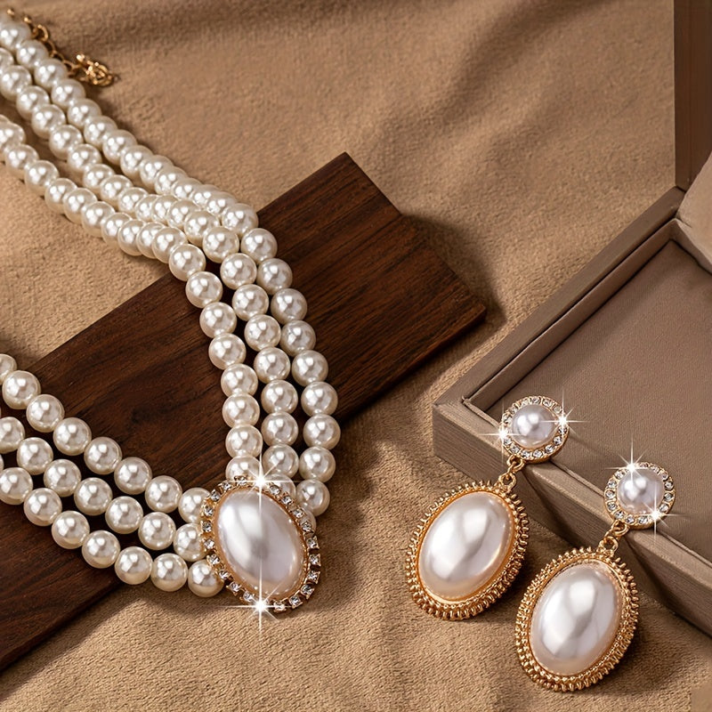 Elegant 14K Gold-Plated Pearl Jewelry Set - Vintage Multi-Layer Necklace & Earrings for Evening & Daily Wear