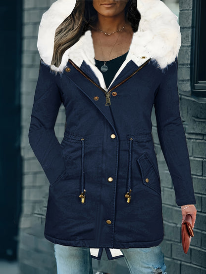 Womens Chic Thermal Parka Coat with Faux Fur Hood - Zip & Button Closure, Front Pockets, Ideal for Cold Weather