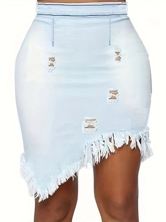 Trendy Distressed Denim Mini Skirt - Ripped Holes, Slim Fit & Asymmetrical Frayed Hem - Unique Chic Style for Womens Casual Wardrobe