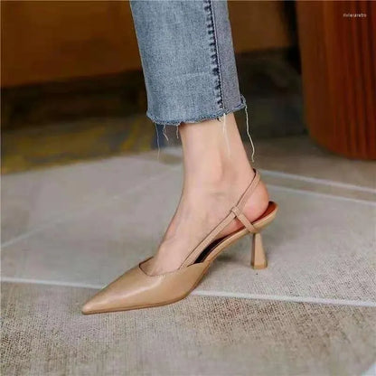 Dress Shoes  Summer Fashion Ladies Pointed Toe Sandals Retro Apricot Baotou Stiletto Buckle Strap High Heels