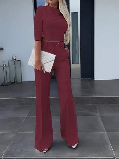 Two-Piece Solid Color Suit - Pantsuits for Women - Round Neck Short Sleeve Top and High Waist Straight Pants Set with Comfortable Fabric