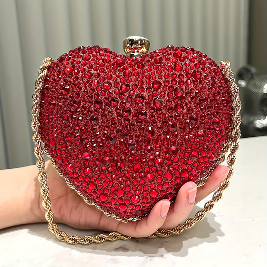 Rhinestone Heart-Shaped Clutch Purse, Fashionable Evening Bag With Chain Strap, Glittering Elegant Handbag For Parties, Prom, Weddings