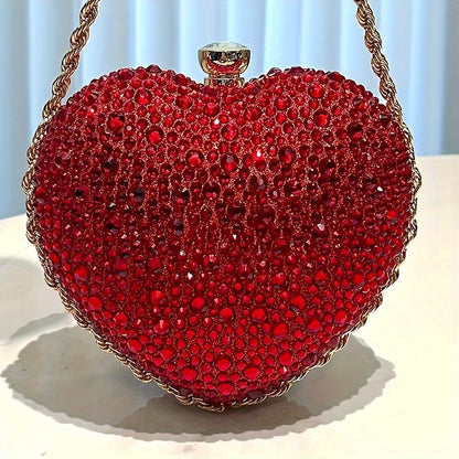 Rhinestone Heart-Shaped Clutch Purse, Fashionable Evening Bag With Chain Strap, Glittering Elegant Handbag For Parties, Prom, Weddings