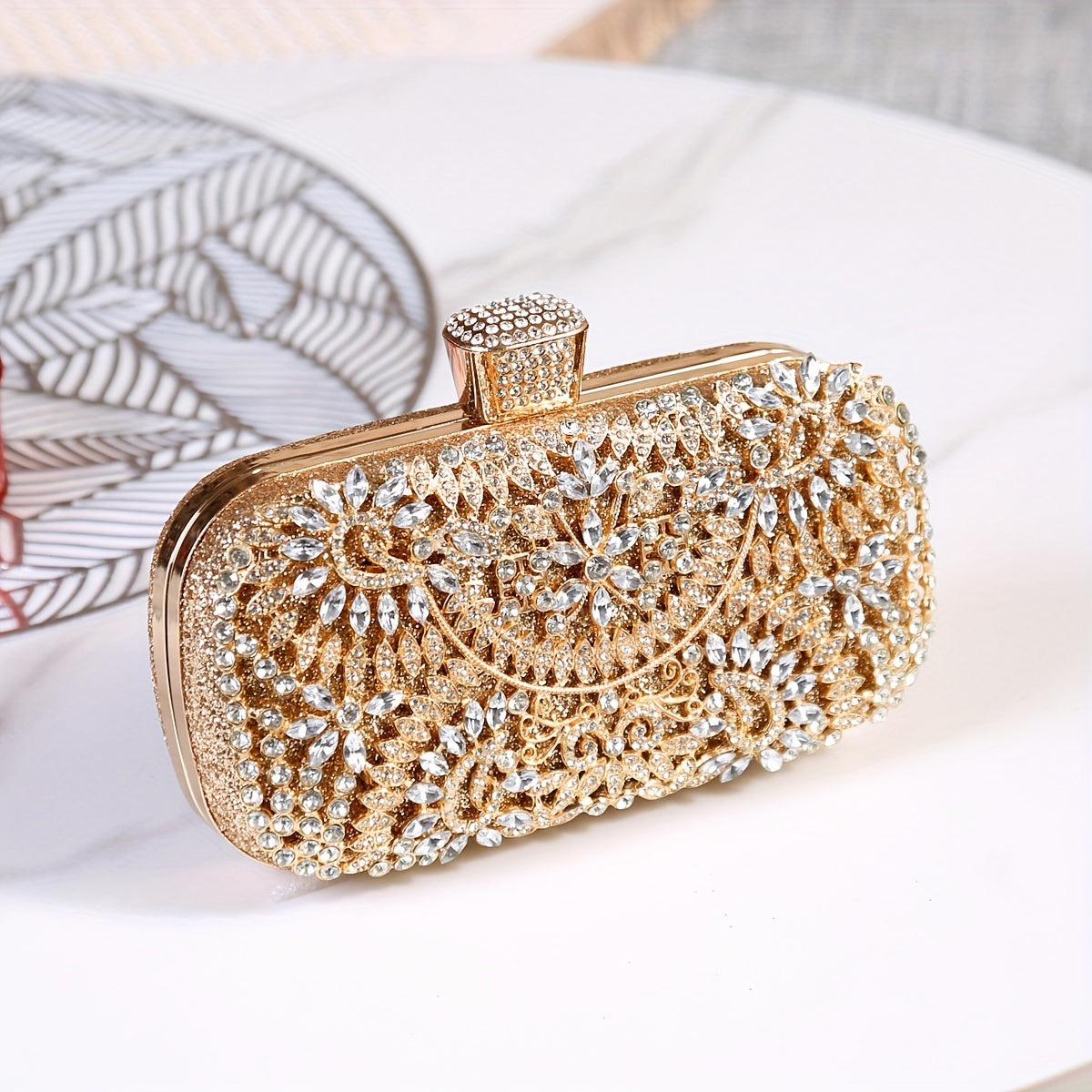 Hollow Rhinestone Flower Evening Bag, Luxury Box Clutch Purse, Women's Handbag For Wedding Party Prom Banquet And For Music Festival