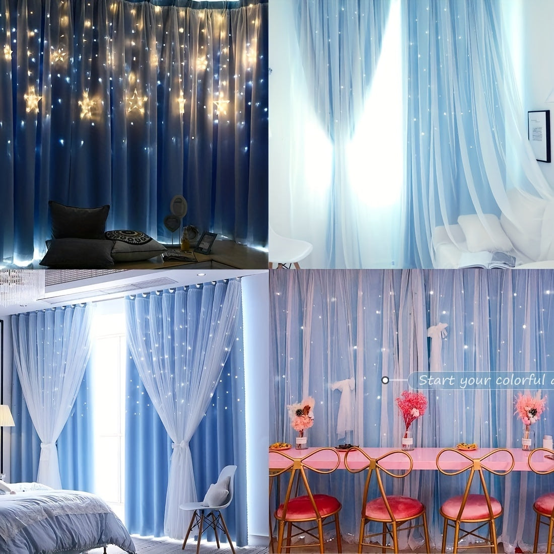 4Pcs Set Of 2 Pieces 41X85 Inch Star Curtain + 2 Pieces Nordic Style Wooden Bead Curtain Strap Double Curtain Bedroom Curtain Blackout Hollow Star Curtain Romantic Curtain