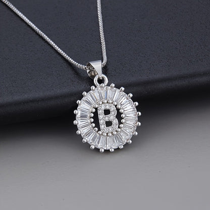 Silver Color Round Small 26 Letters Pendant Necklace Inlaid Zircon Women's Elegant Jewelry Gift