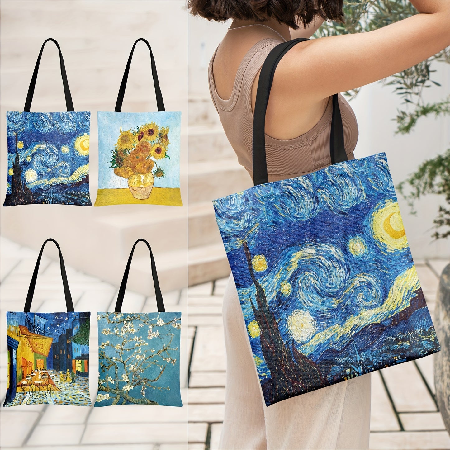 Starry Night Canvas Tote Bag, Large Capacity & Lightweight, Reusable Grocery Shopping Bag With Shoulder Strap