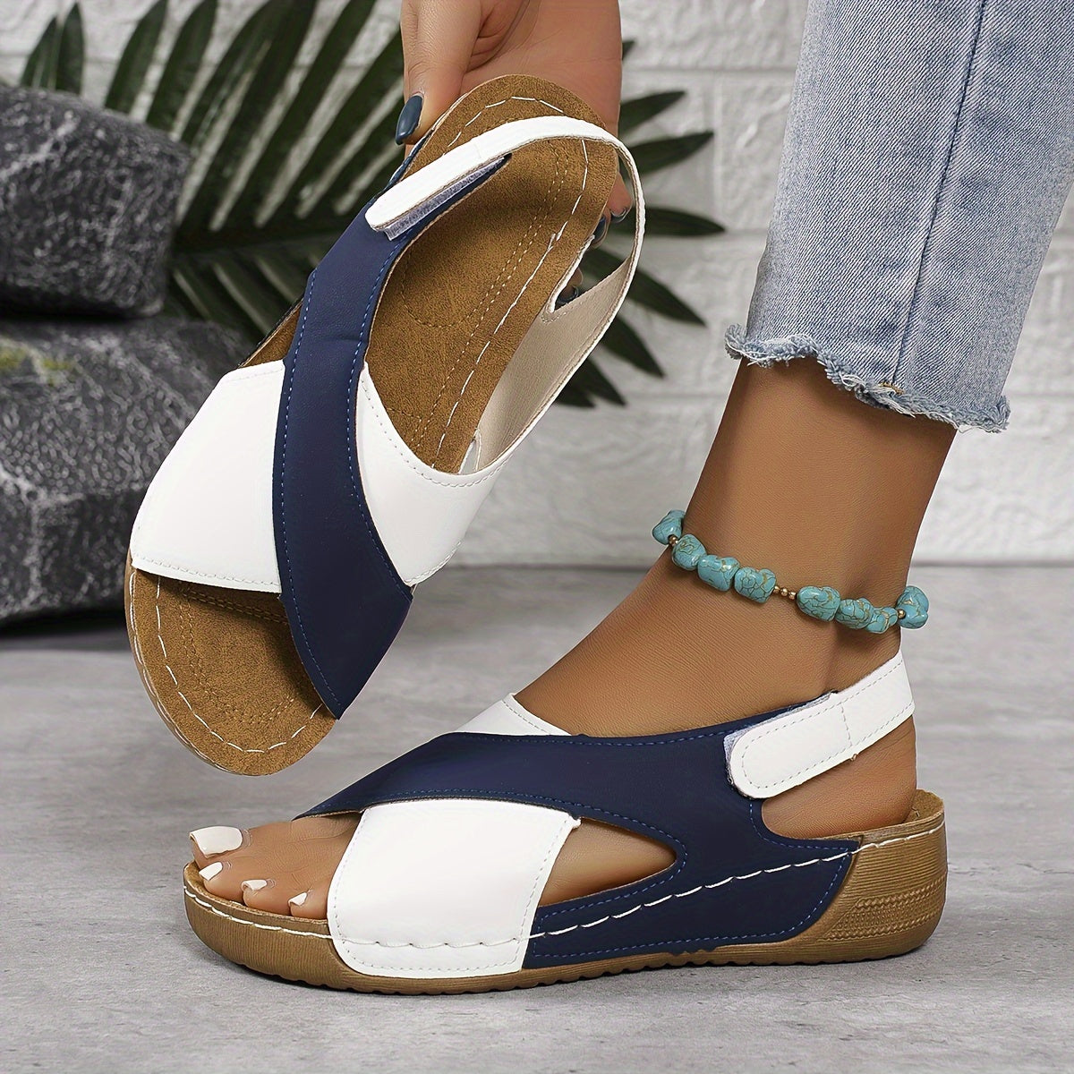 Vibrant Wedge Heeled Sandals - Ultra-Comfortable, Open Toe, Adjustable Ankle Strap, Contrast Color Block Design - Womens Casual Summer Shoes for Warm Weather