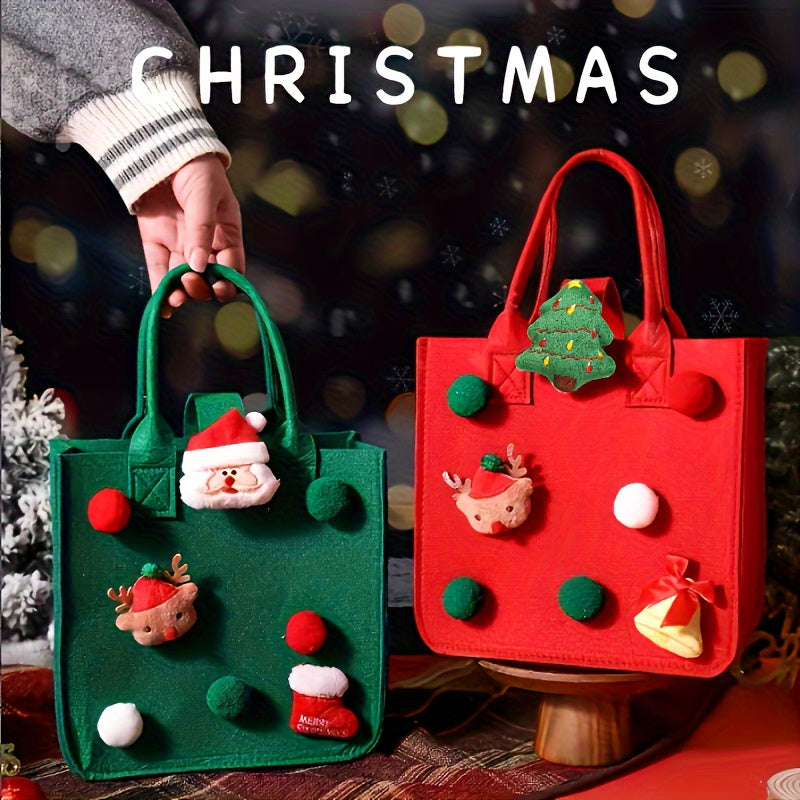 Christmas Felt Tote Handbag with Santa & Reindeer Applique - Minimalist Non-Woven Bag with Fixed Shoulder Straps and Buckle Closure - Baigou Unlined Festive Gift Carry Bag