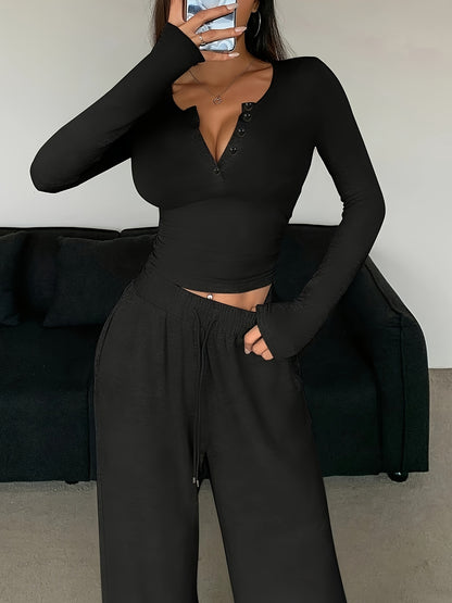 TWO-PIECE SET - Chic Long Sleeve Top with Button Front & Drawstring Waist Wide Leg Pants - Comfortable, Versatile, and Flattering Outfit for Women's Everyday Wear