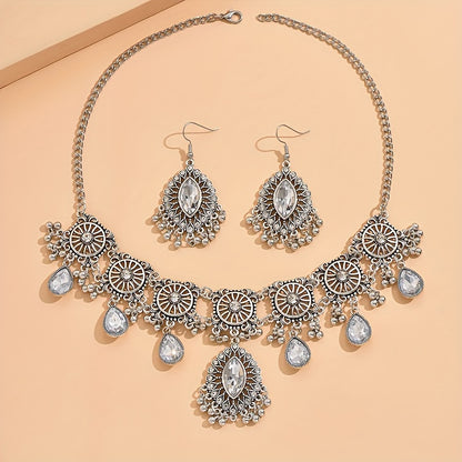 Vintage Exquisite Flower Pattern Synthetic Gems Inlaid Dangle Earrings & Necklace Luxury Ethnic Style Silver Plated Jewelry Jewelry Set Gifts For Women Gifts For Eid