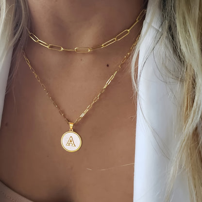 Chic Double-Layered Gold Initial Necklaces - Paperclip Chain with Round Shaped Letter Pendants - Elegant Accessory for Every Occasion