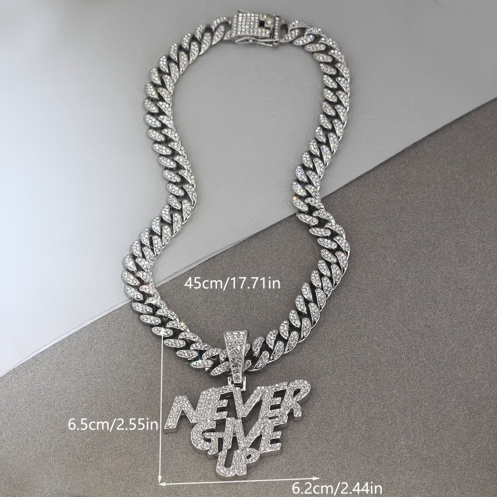 Glittering NEVERGIVEUP Pendant Necklace with Icy Cuban Chain - Trend-Setting Hip Hop Choker for Bold Men and Women