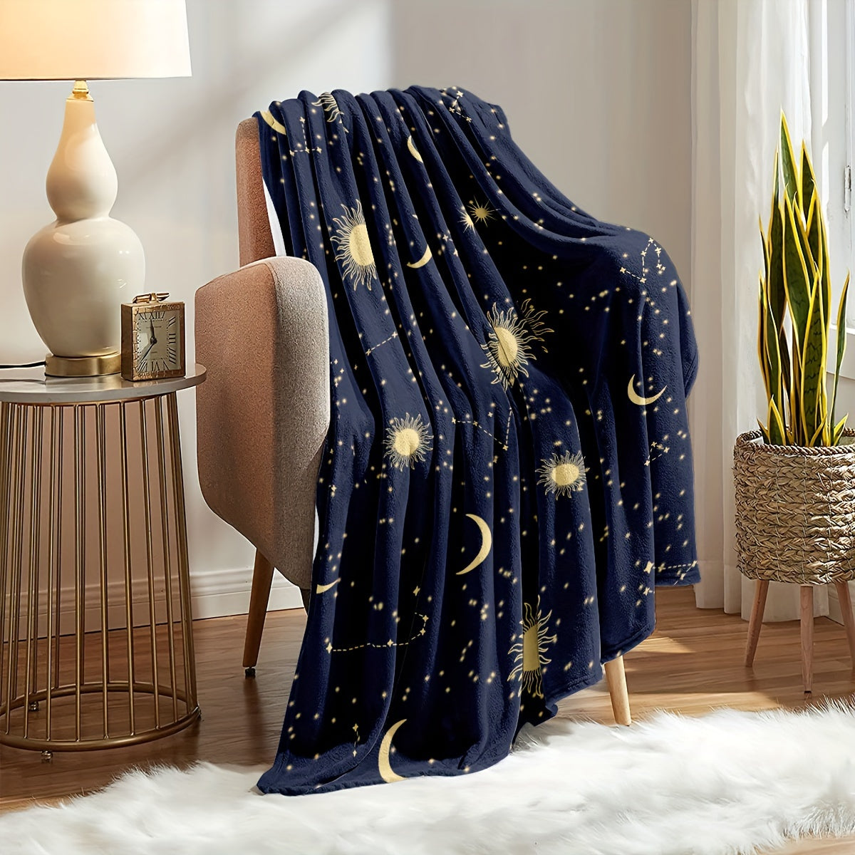 Contemporary Celestial Design Flannel Throw Blanket - Hypoallergenic Cozy Lightweight, Machine Washable, Digital Print, All-Season Multipurpose Polyester Bedding with Sun, Moon, and Stars Pattern