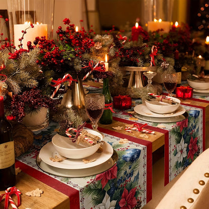 Christmas Poinsettia Linen Table Runner - Red, Festive Winter Decor for Holiday Dining & Kitchen