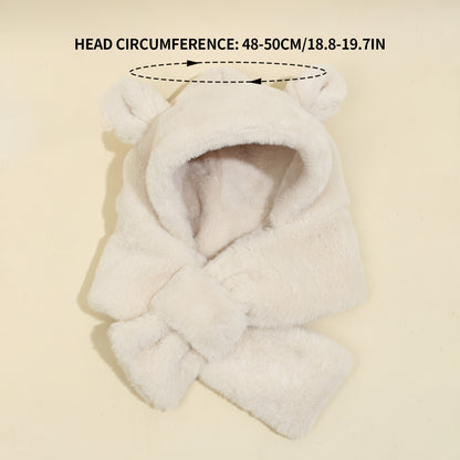 1pc Winter Baby Bear Ear Plush Hat And Scarf Integrated For Daily And Outdoor Cold Protection