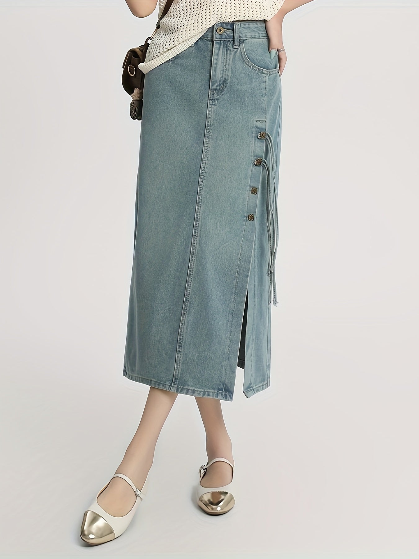 Womens High-Waisted Elegant Denim Midi Skirt - Versatile Summer Skirt with Side Slit, Buttons, Tassel Detail, and Classic Portrait Pattern - Non-Stretch, Woven, and Perfect for Spring, Summer, and Fall Seasons