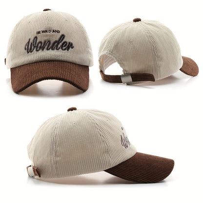 1pc Elegant Unisex Two-Tone Corduroy Baseball Cap with WONDER Embroidery - Stylish Sunshade, Ideal Gift for Outdoor Sports Enthusiasts, Perfect for Casual Wear