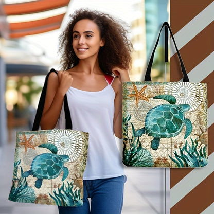 Large Ocean Turtle Tote Bag - Spacious, Reusable, and Water-Resistant Polyester Shoulder Bag for Unisex Adults - Ideal for Shopping, Travel, Outdoor Activities, and Daily Use