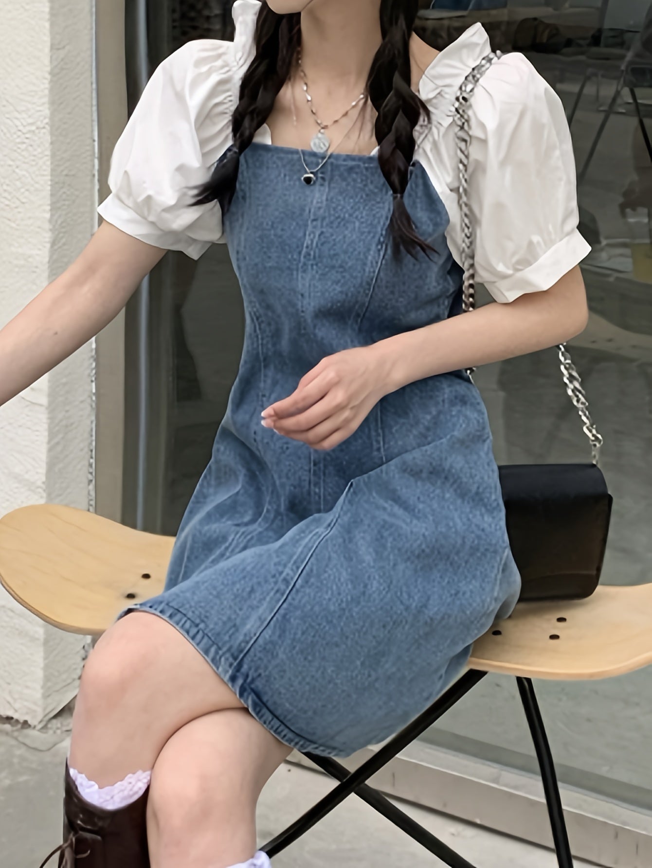 Vibrant Womens Denim Dress - Relaxed Fit, Trendy Patch Puff Sleeve, Short Sleeve, Solid Color, Versatile for Multiple Styling Options - Inspired by Street Fashion, Perfect for Summer Outings