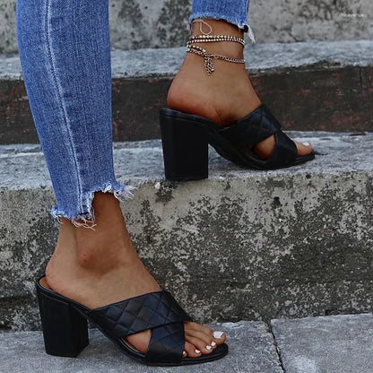 Slippers Runway Style Summer Weave Women Fashion Thick High Heels Gladiator Sandals Outdoor Beach Slides Ladies Mules Shoes