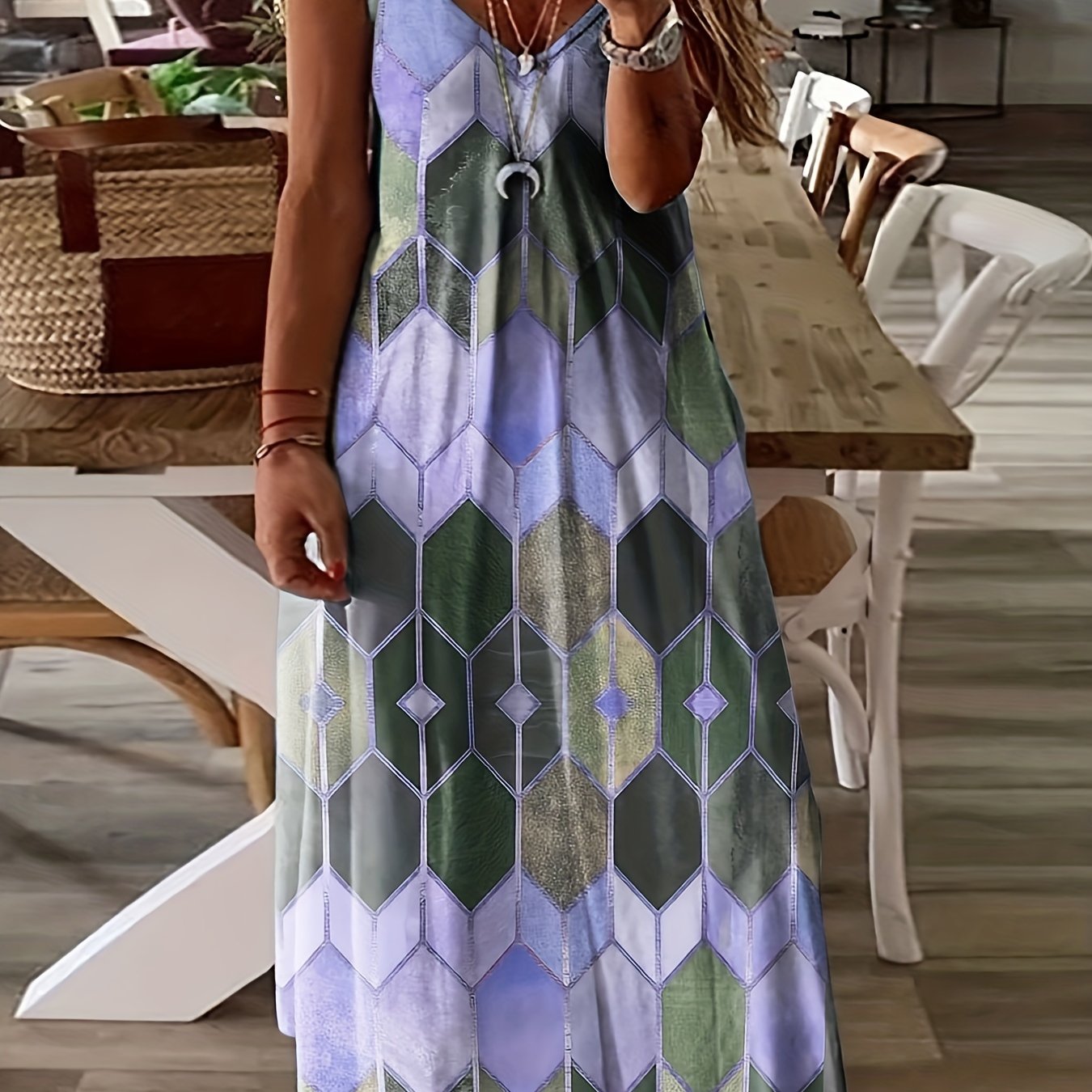 Plus Size Chic Geometric Print Cami Maxi Dress - Flattering Spaghetti Strap V Neckline for Women - Flowy, Casual, and Trendy Long Dress for Summer