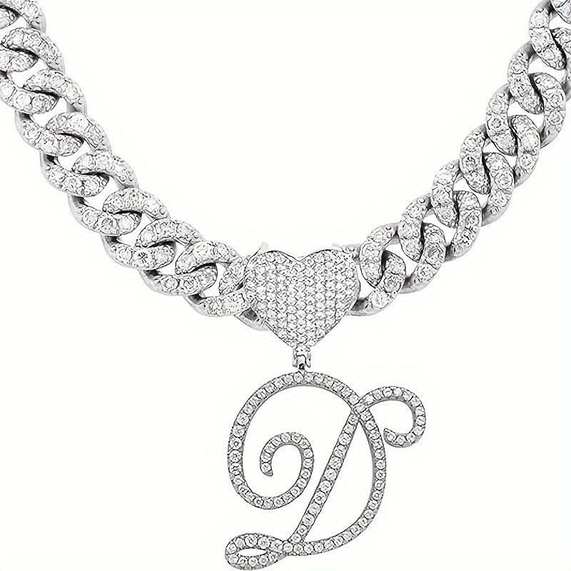 1 Piece Initial Necklace - Durable Cuban Chain with Icy-Cool Ice Chain Design, Heart-Shaped Letter Pendant, and Trendy Hip Hop Style - Unisex Silver Jewelry for Men and Women, Perfect Gift Idea