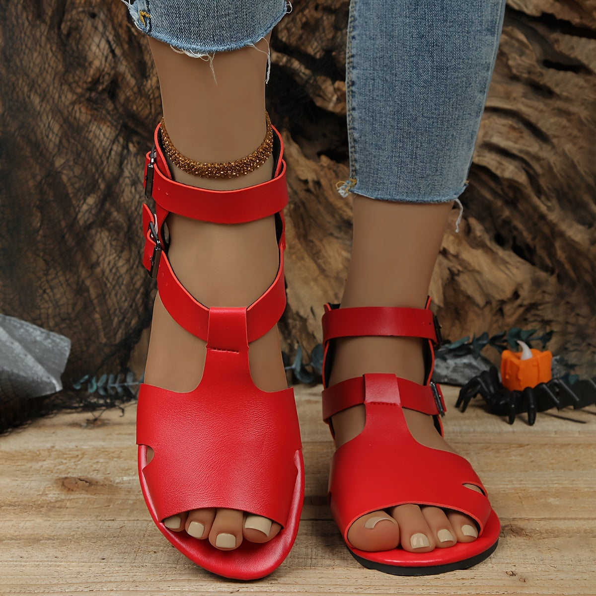 Womens Flat Heel Ankle Strappy Sandals - Lightweight, Breathable, Comfortable, Hollow Out Design, Buckle Closure, Synthetic Leather Upper, PU Sole, Perfect for Beach, Holiday, and Daily Wear