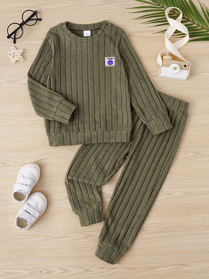 2pcs Boys Solid Knit Creative Long Sleeve Sweatshirt&Sweatpants Sets, Kids Spring Fall Winter Clothes